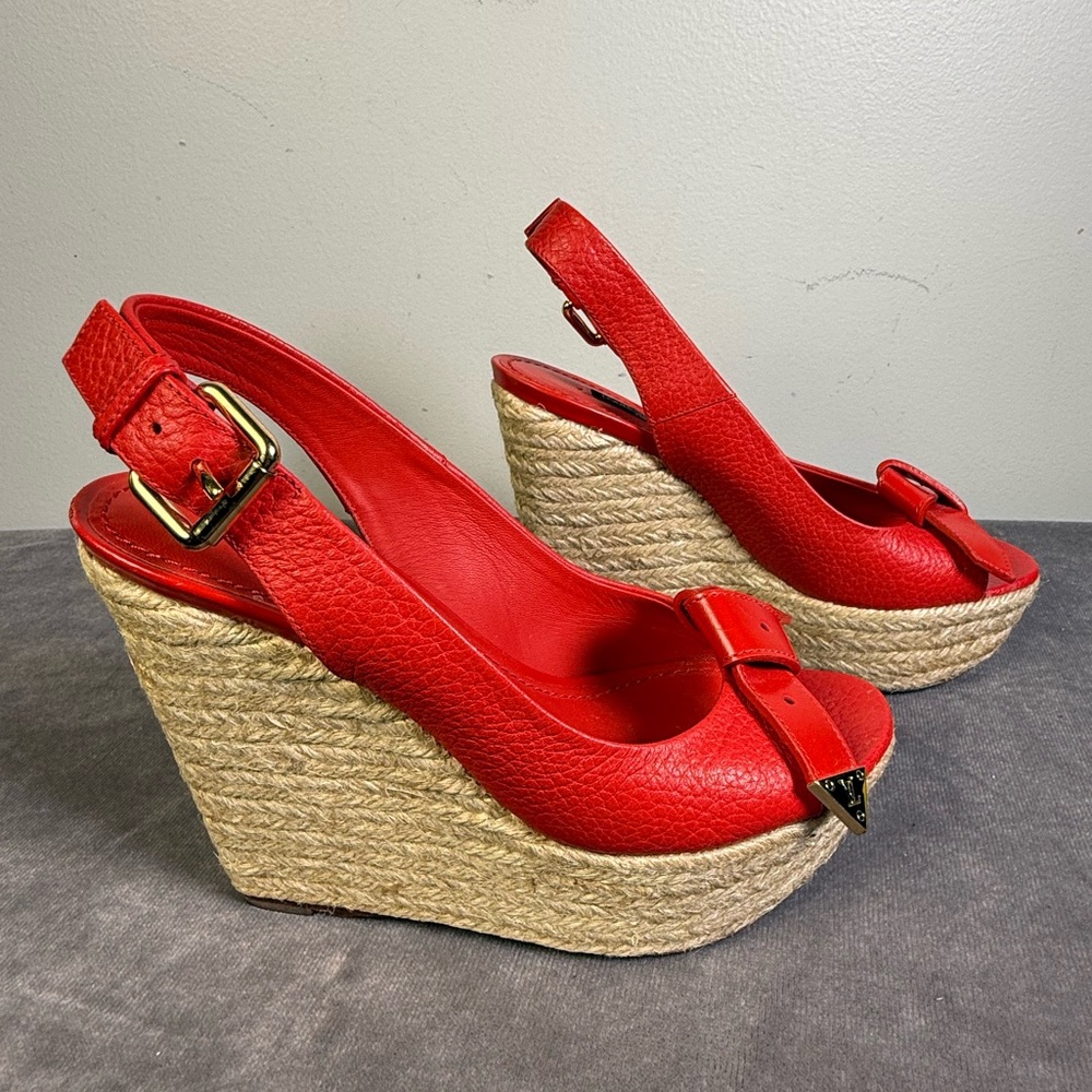 Louis Vuitton red leather wedge heel slingback espadrille sandals open-toe 35 - Picture 6 of 16